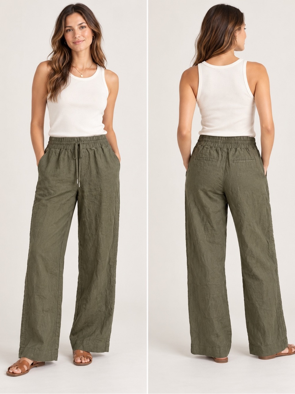 Quince 100% Linen Wide Leg Pull-On Pants – Olive Green – Size Medium